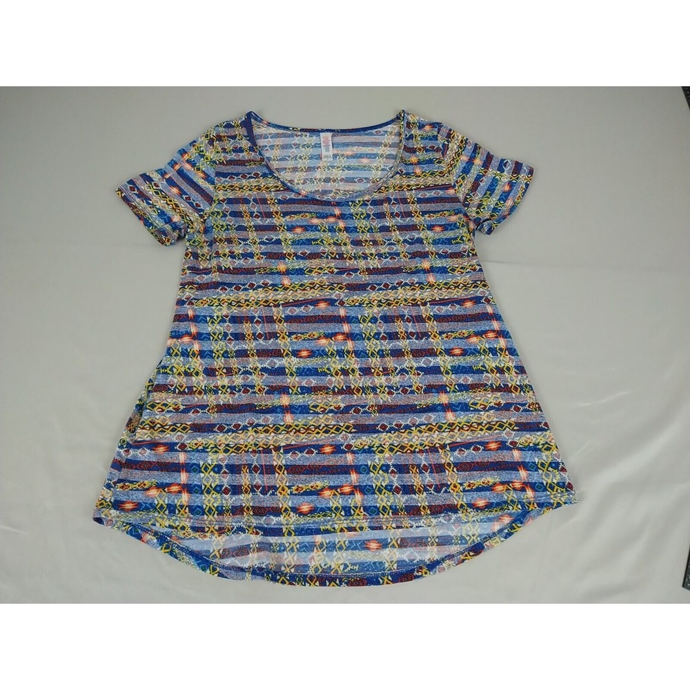 LuLaRoe Top Ladies S Blue Diamond Short Sleeve Stretch Casual Work Hi Lo Hem